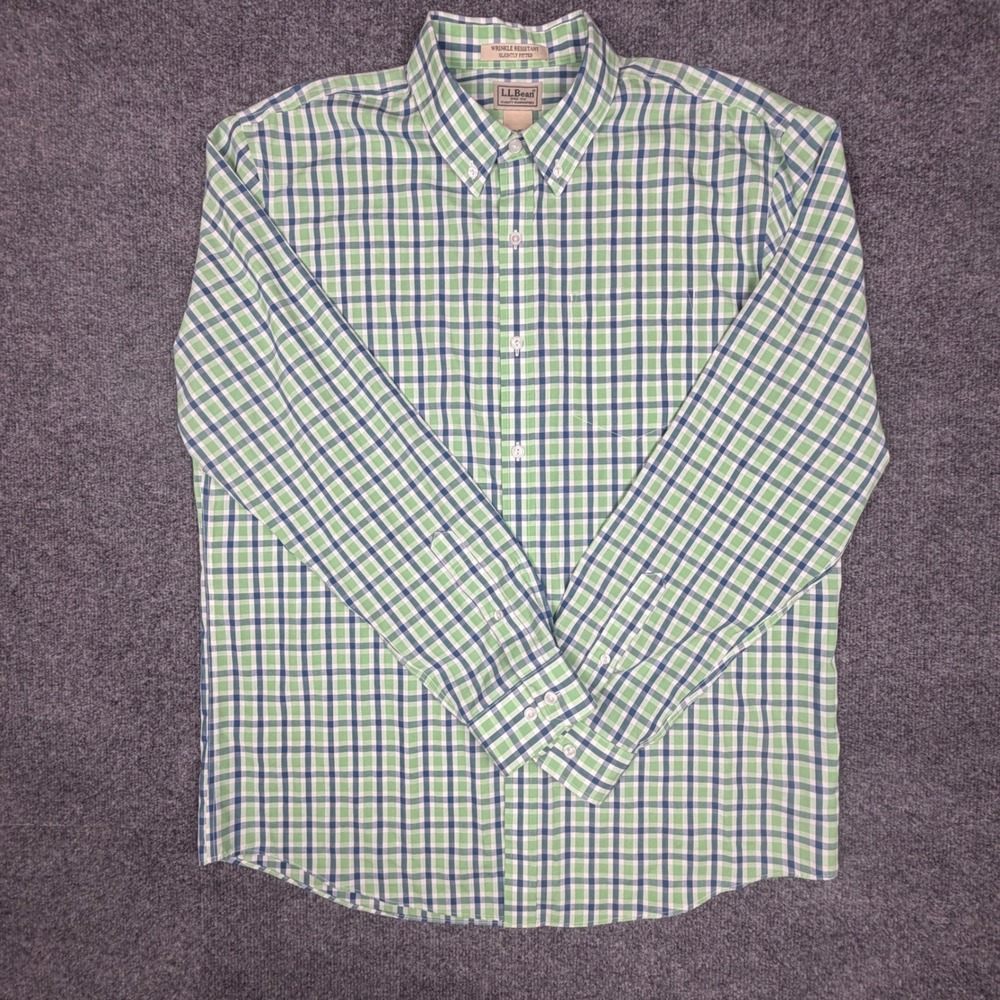 L.L.Bean Mens Large Green Blue Plaid‎ Wrinkle Resistant Button Down Shirt
